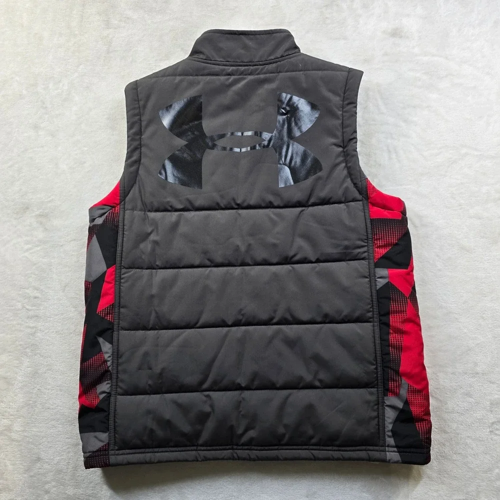 Under Armour Puffer Vest Kids Youth Large Grey‎ Red Polyester Quilted Loose Fit
